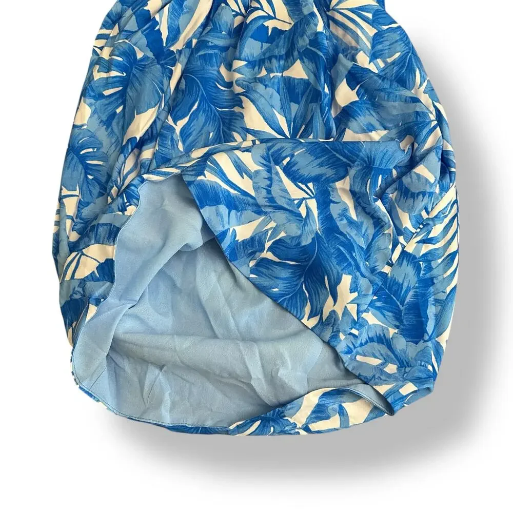 DO+BE NWT Tropical Halter Mini Dress Blue White Leaf Print Back Tie Medium - Picture 9 of 11